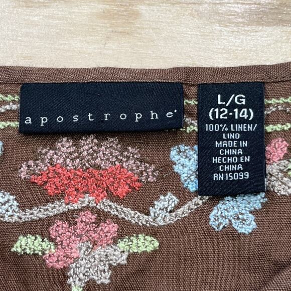 Apostrophe Linen Embroidered Tunic Blouse Women’s Size 12-14 Chocolate Brown - Picture 3 of 10